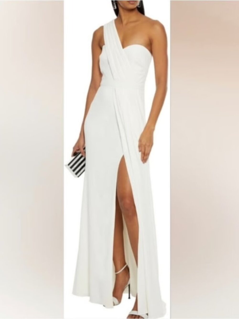 Badgley Mischka Ivory One-Shoulder Draped Crepe Gown with Pleats and High Slit